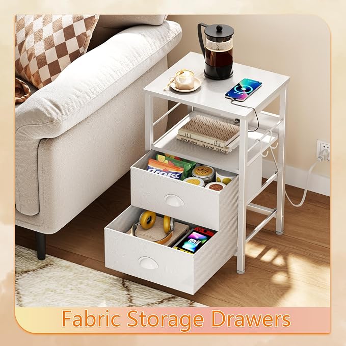 Furologee End Table with Charging Station, Nightstand with Fabric Drawers, Side Tables with USB Ports & Outlets, Night Stand with Storage Shelf & Hooks, for Living Room/Bedroom, White - Image 6