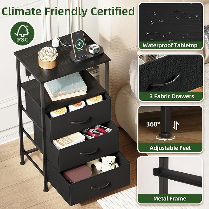 Somdot Nightstands Set of 2 with 3 Drawers, Charging Station & LED Light - Image 6