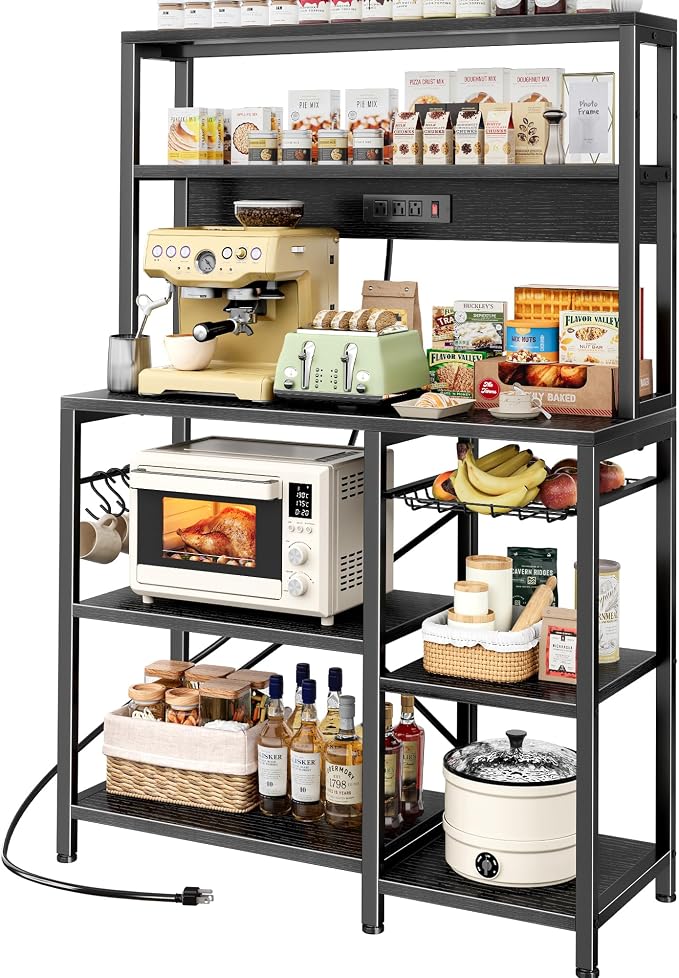 SUPERJARE Bakers Rack with Power Outlet, 35.4 Inches Coffee Bar with Basket by SUPERJARE