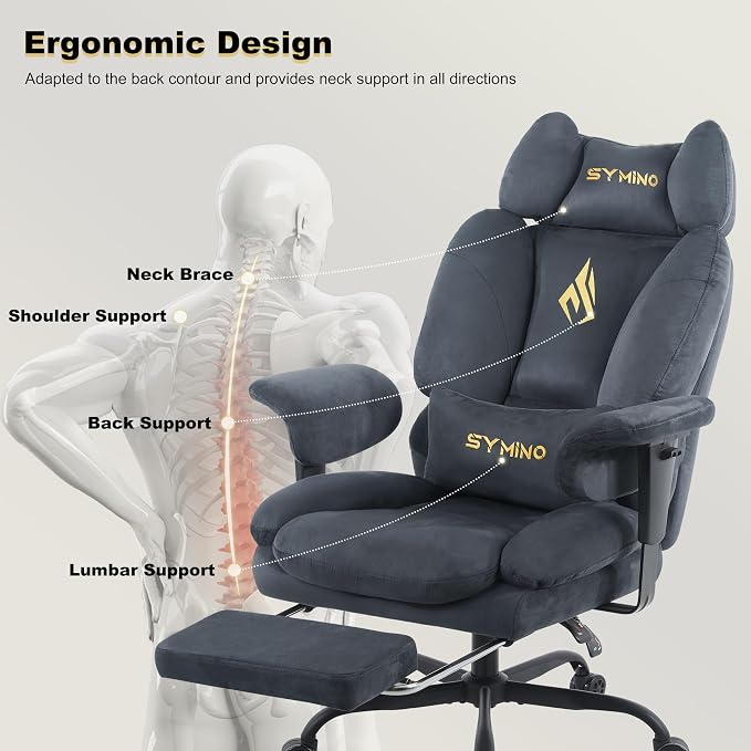Symino Gaming Chair with Footrest, Up/Down Armrests, Suede Fabric Ergonomic Office Chair, 150° Recline Computer Chair for Desk, Grey - Image 4