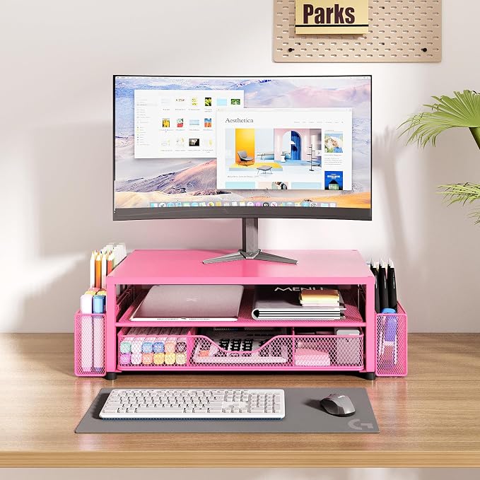 OPNICE Desk Organizers and Accessories, Computer Monitor Stand Riser with Drawer and 2 Pen Holders, Printer & Laptop Stand, Office Desk Accessories & Workspace Organizers for Home Office Supplies, Carmine Rose - Image 4