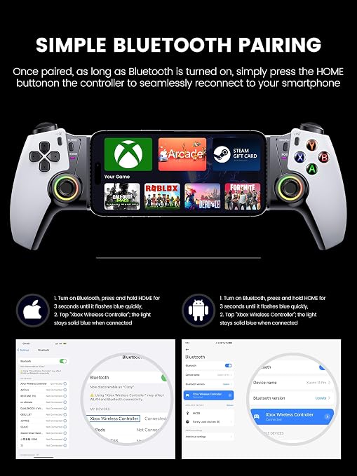 KICKDOT Mobile Gaming Controller with TMR Joysticks & Hall Triggers, No Drift Bluetooth Gamepad for iPhone (iOS)/Android/Switch 2/1/OLED - Wireless Controller for Xbox Cloud/Steam Link, RGB Light, Turbo Macro Back Buttons, Long Battery - Image 9