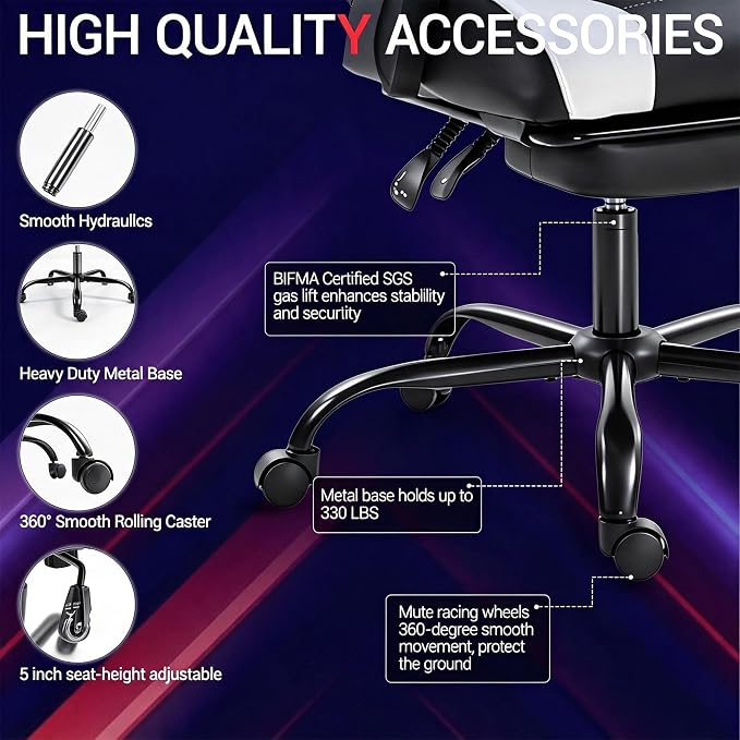 Gaming Chair with Footrest for Adults, PU Leather Massage Racing Video Game Chair with Lumbar Support for Men Women, Ergonomic Computer Gamer Chair for Home Office, Height Adjustable, White - Image 8