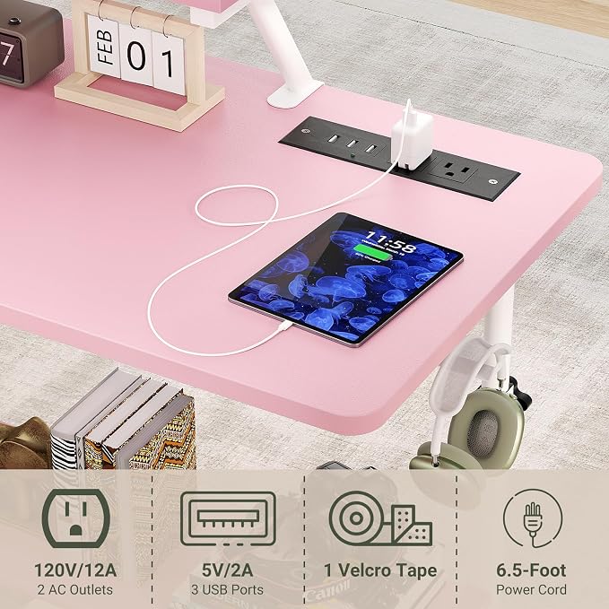 Height Adjustable Standing Desk with Power Outlets and LED Lights - 32" Manual Stand Up Desk with Monitor Stand and Storage Shelves Small Mobile Rolling Computer Desk Portable Laptop Table, Pink - Image 8