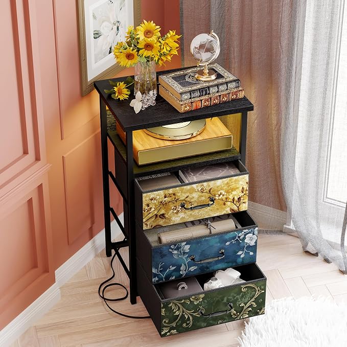 Fixwal Night Stand with 3 Fabric Drawers, Nightstand with Charging Station - Image 2