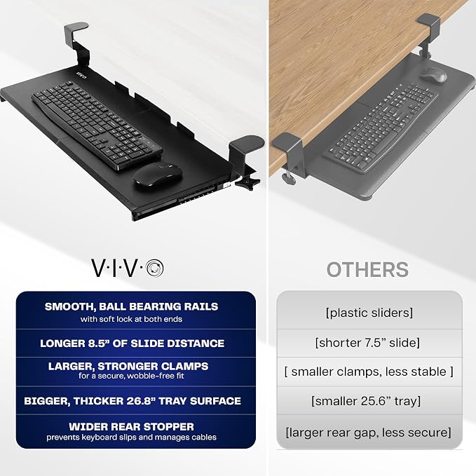 VIVO Large Keyboard Tray Under Desk Pull Out with Extra Sturdy C Clamp Mount System, 27 (33 Including Clamps) x 11 Inch Slide-Out Platform Computer Drawer for Typing, Black, MOUNT-KB05E - Image 4