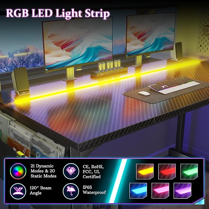 DurayLoly 48" Gaming Desk with Waterproof LED Lights for Bedroom,Black - Image 4