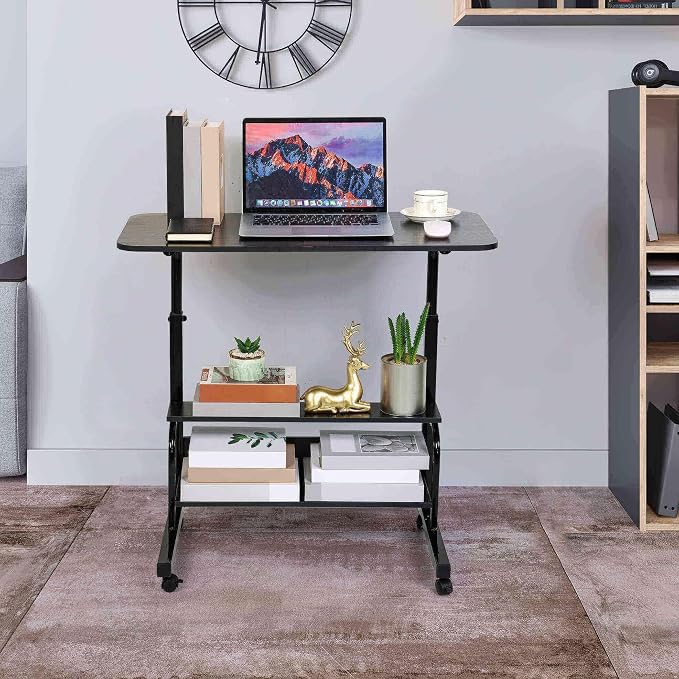 Adjustable Height Mobile Computer Desk with Wheels Black 31.5x15.7 Inch - Image 2
