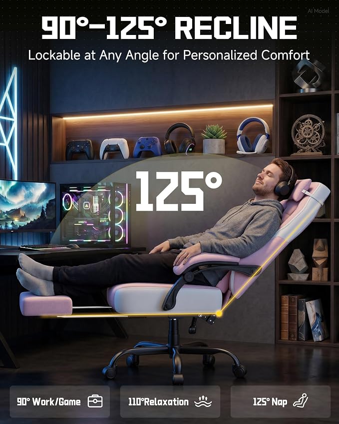 GTPLAYER Big & Tall Gaming Chair, Wide Seat with Footrest, Pink | Ergonomic High Back Computer Desk Chair for Adults, Comfort Padded Seat with Lumbar Support Armrests Recliner for Office/Home - Image 6
