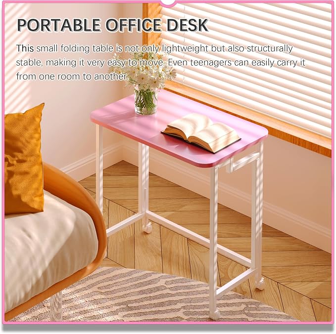 4NM 23.6" Mobile Small Rolling Computer Desk, Folding Laptop Cart Table with Wheels, Portable Office Desk for Small Space Couch Bed - Pink and White - Image 4