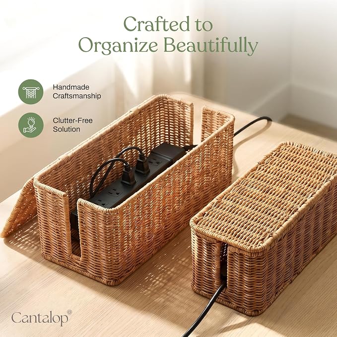 2PCS Cable Management Box Set, Handmade Rattan Cord Organizer - Image 7