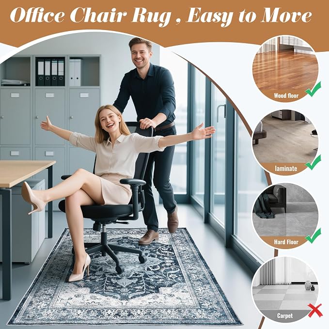 Office Chair Mat for Hardwood Floor & Tile Floor, 36"x48"Anti-Slip Under Desk Carpet Protector for Rolling Computer Chair Mat, Machine Washable Office Area Carpet (Chenille,Blue) - Image 2
