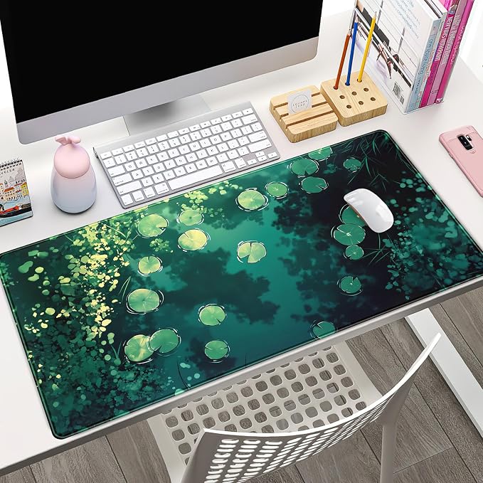 Lily Desk Mat Green Mouse Pad Large Cute Pond Desk Pad Gaming Mousepad XXL 31.5''X15.7'' Plant Aesthetic Extended Big Keyboard Mouse Mat Kawaii Gift for Office Decor - Image 4