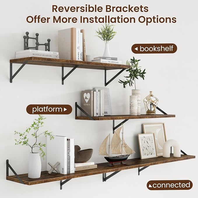 Axeman Deep Floating Shelves - 40 Inch Floating Shelves Set of 2-12 Inch Deep Brown Wood Wall Shelves for Living Room Bathroom Kitchen - Image 4
