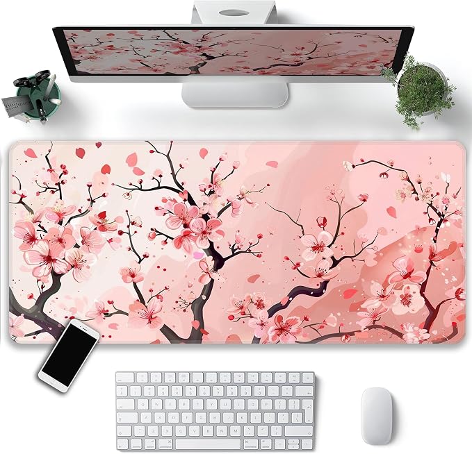 Pink Cherry Blossom Desk Mat, XXL 35.4"x15.7" Large Mouse Pad, Cute Sakura Extended Gaming Mouse Mat,Non-Slip Rubber Base Waterproof with Stitched Edges for Gaming Office Home Decor - Image 2