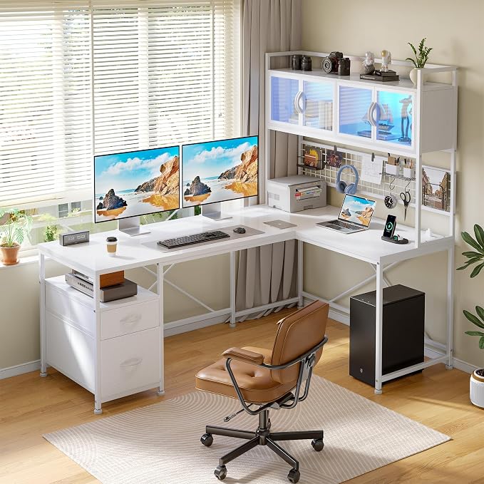 DurayLoly 67" L Shaped Gaming Desk for Dual Monitor, White | Deep Drawers for Extra Storage, Grid Pegboard for Flexible Hanging, RGB-lit Cabinet for Collectibles Display - Image 2