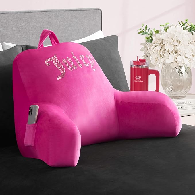 Juicy Couture Velour Backrest Pillow with Rhinestone Juicy Logo - 30"x17", Hot Pink Supportive Bed Rest Pillow for Reading, Gaming, or Relaxing by Unknown