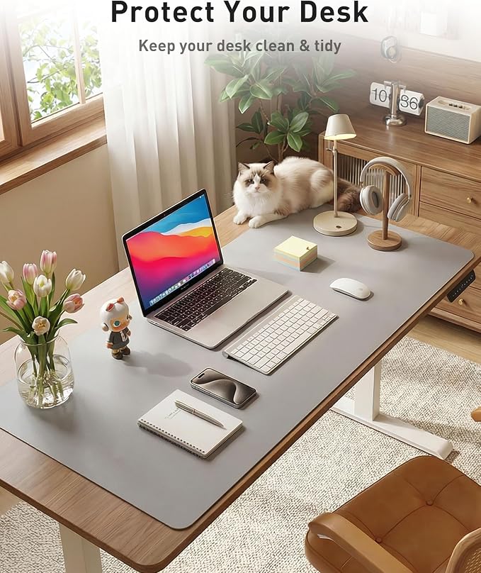 Aothia Faux Leather Desk Mat - Large Mouse Pad, Non-Slip PU Leather Blotter, Waterproof Writing Surface for Office and Home (Light Grey, 42" x 17") - Image 3