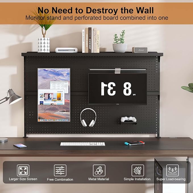 Metal Pegboard Desk Organizer with Dual Monitor Stand, 59x35 Inch Clamp-On Privacy Panel, Carbon Steel Gaming Desk Wall Organizer with 3 Accessories, Black Office Desk Storage System - Image 5