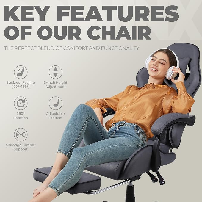 Dowinx Gaming Chair Fabric with Pocket Spring Cushion, Massage Game Chair Cloth with Headrest, Ergonomic Computer Chair with Footrest 290LBS, Grey - Image 8