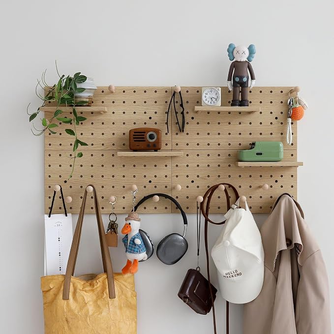 Wooden Pegboard Modular Display Organization Storage Wall Hooks Shelf (Oak Colored Finish-B-4) by CreatedOn2005