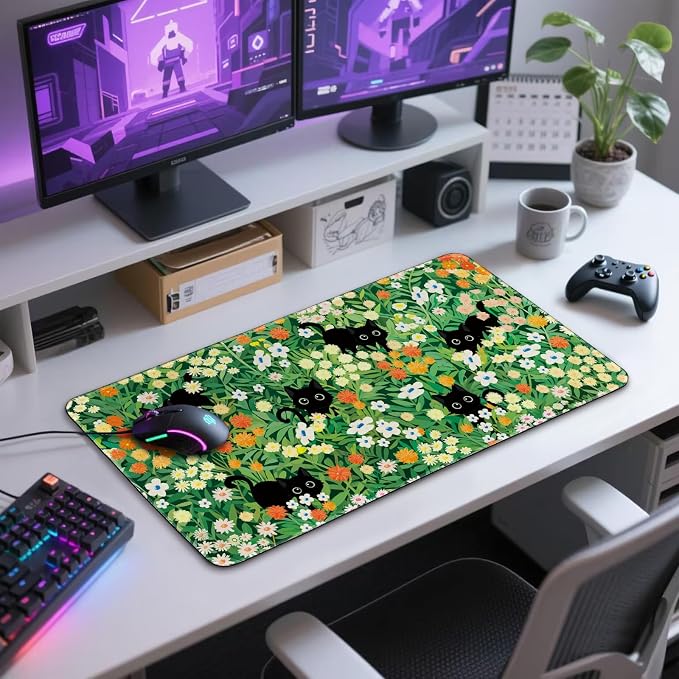 Cute Flower Cat Large Gaming Mouse Pad Desk Mat 31.5"x15.7" | Extended Mousepad, Non-Slip Rubber Base , Stitched Edges, for Computer/Laptop/Office/Home - Image 7