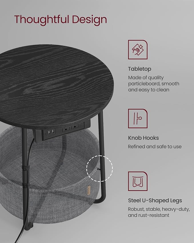 VASAGLE Side Table with Charging Station,Fabric Basket, Round End Table - Image 6