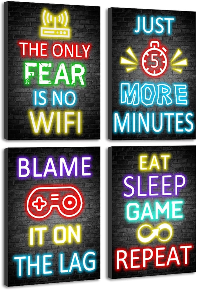 KUVIOKE Video Gamer Room Decor for Teen Boys Gaming Wall Art Gamer Neon Sign Teenage Bedroom Decor Ready to Hang Set of 4, 12x16in (Framed) - Image 9