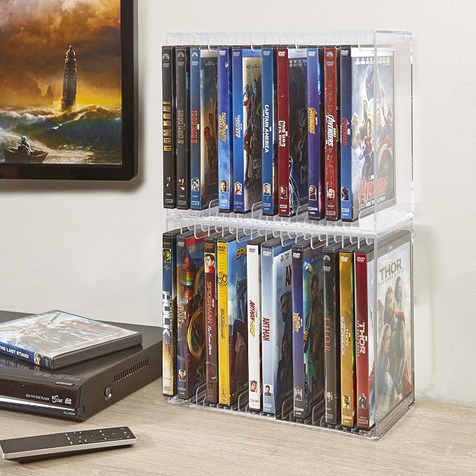 STORi Stackable Clear Plastic DVD Organizer with Rubber Feet | Rectangular Holder Perfect for Theater Room | Holds up to 14 Standard DVD Cases | Made in USA - Image 3