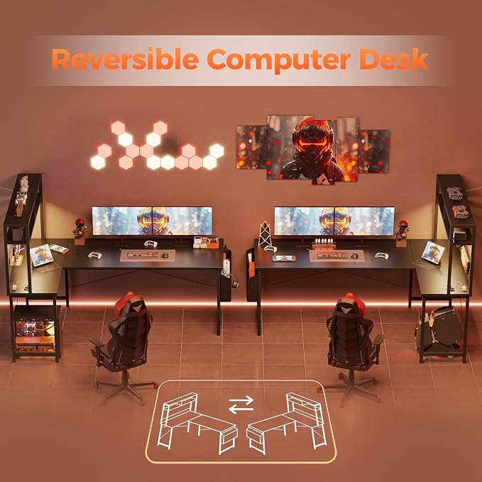 Mericonia 51 in L Shaped Desk with Pegboard, Reversible Corner Gaming Desk | Large Computer Desk with Hutch, Power Outlets, LED Light & Storage Bag, Office Table for Home Bedroom Study Work Writing - Image 7