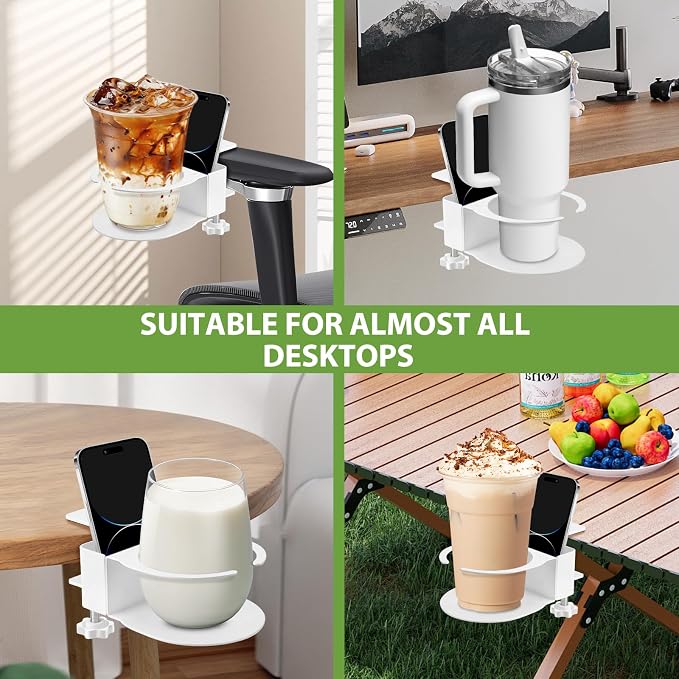 Desk Cup Holder for Coffee Mugs, Tumblers, Water Bottles with Mobile Phone Stand, Anti-Spill Metal School Home Office Accessories (White-1) - Image 6