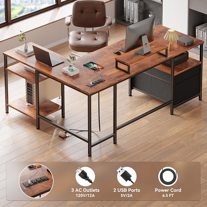 Furologee 50 Inch L Shaped Computer Desk with Power Outlet, Rustic Brown - Image 5
