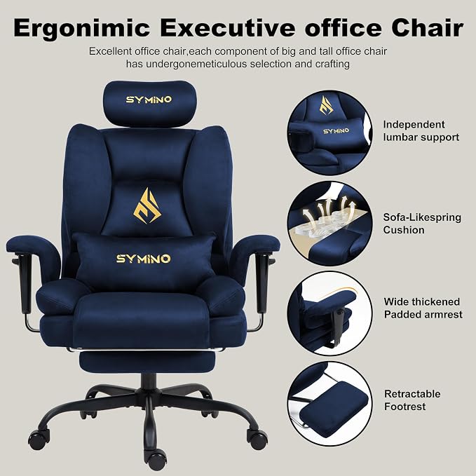 Symino Gaming Chair with Footrest, Up/Down Armrests, Suede Fabric Ergonomic Office Chair, 150° Recline Computer Chair for Desk, Darkblue - Image 4