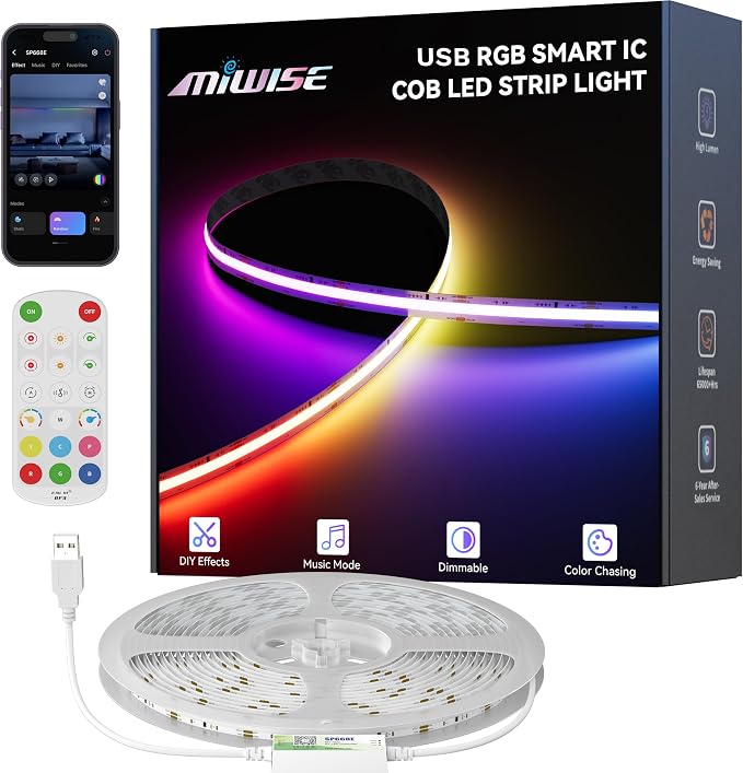 MIWISE 5V USB COB LED Strip Lights,RGB Smart IC LED Strip with App Control,Bluetooth Addressable Music Sync Color Changing Strip Lights,3M Back-Adhesive for Gaming Room PC Home Decor 6.56ft by MIWISE
