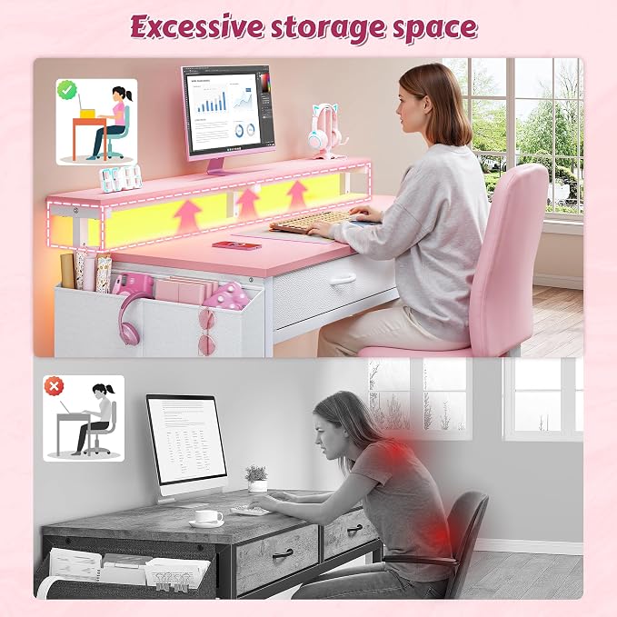 DurayLoly 47.3” Office Computer Desk with LED Lights&2 Fabric Drawers,Pink - Image 6
