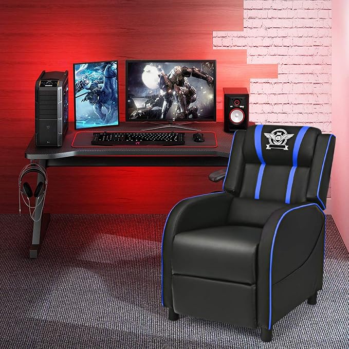 Giantex Gaming Recliner Chair, Adjustable Massage Gaming Chairs for Adults, Ergonomic Comfortable Lounge Leather Sofa w/Footrest, Remote Control & Side Pocket, Racing Style Single Sofa Recliners, Blue - Image 2