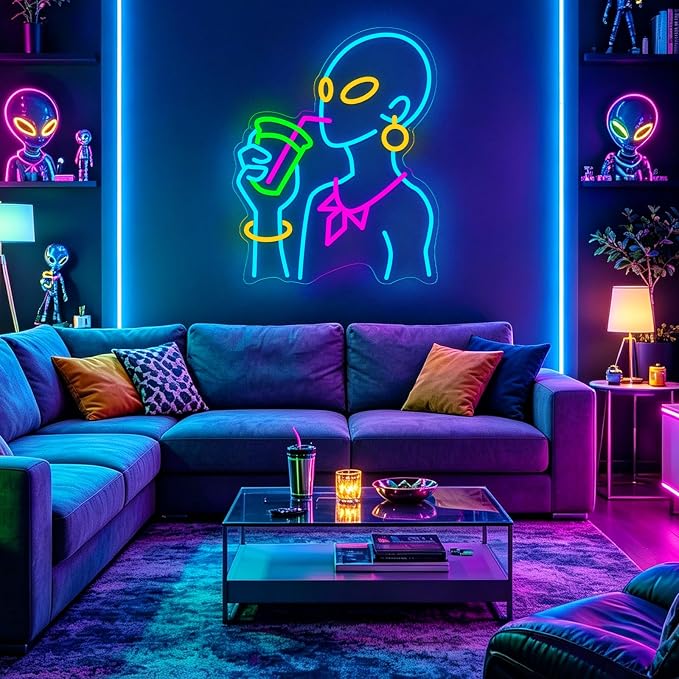 Drinking Neon Signs for Wall Decor, Boho Figure LED Wall Art for Home Bar Decor, USB Dimmable Neon Lights, Housewarming, Birthday, Christmas Gift (Alien Blue) - Image 5