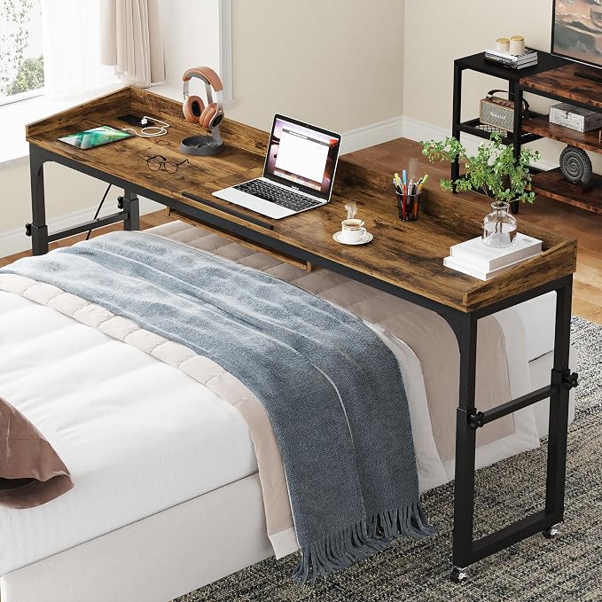 Tribesigns Height Adjustable Overbed Table with Wheels, Queen Size Over Bed Desk with Adjustable Tilt Stand, Mobile Laptop Cart Computer Desk with Outlets & USB Ports (Rustic Brown) - Image 6