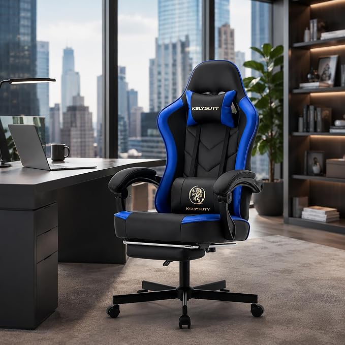 Office Desk Computer Gaming Chair for Adults, Ergonomic High Back Gamer Chair with Massage and Pocket Spring Cushion, Swivel Comfy Video Game Chairs with Footrest and Lumbar Support (Black Blue) - Image 9