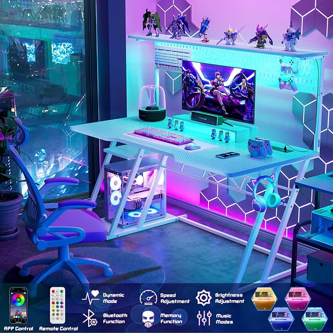 Armocity 53'' White Gaming Desk with Hutch and LED Lights, Gaming Computer Desk with Storage Shelves & Z-Shaped Legs, Reversible PC Game Desk with Pegboard for Bedroom, Carbon Fiber Surface - Image 4