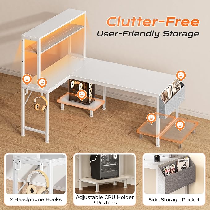 PRAISUN L Shaped Gaming Desk with LED Lights & Power Outlets | Reversible Computer Desk with Storage Shelves & Bag, Large Corner Home Office Desk with Pegboard for Work from Home, White - Image 9