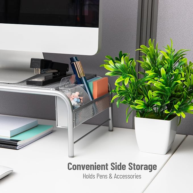 Mind Reader Monitor Stand, Ventilated Laptop Riser, Desktop Organizer, Side Storage, Metal Mesh, 20"L x 11.5"W x 5.5"H, Silver - Image 6