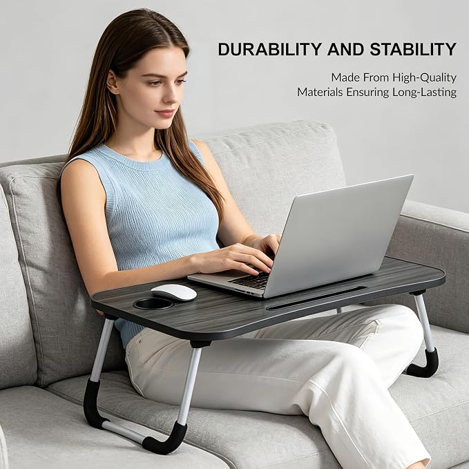 Foldable Laptop Bed Desk for Laptop, 23 Inch Portable Ergonomic Lap Desk with Cup Holder, Bed Tray Table Fits Up to 17" Laptops, for Work from Home, Gaming, Writing, Eating (White) - Image 4