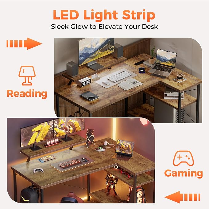 Mericonia 55 in L Shaped Gaming Desk, Large Corner Desk with Monitor Stand | Reversible Computer Desk with Power Outlets, LED Light & Storage Shelves, Office Table for Home Bedroom Study Work Writing - Image 8