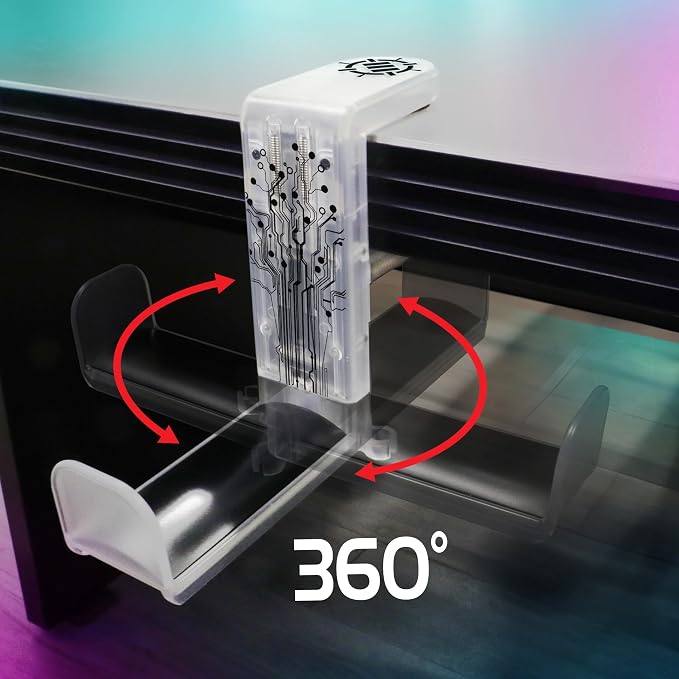 ENHANCE Voltaic 2 PC Gaming Headphone Holder - Desk Headphone Hanger Esports Headset Holder with Adjustable 360 Rotation, Under Desk Hook Clamp, Universal Fit - Built in Cable Clip Organizer - Clear - Image 2