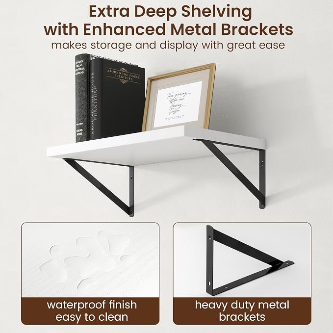 Axeman Deep Floating Shelves - 20 Inch White Floating Shelves Set of 2-12 Inch Deep Wood Wall Shelves for Living Room Bathroom Kitchen - Image 5