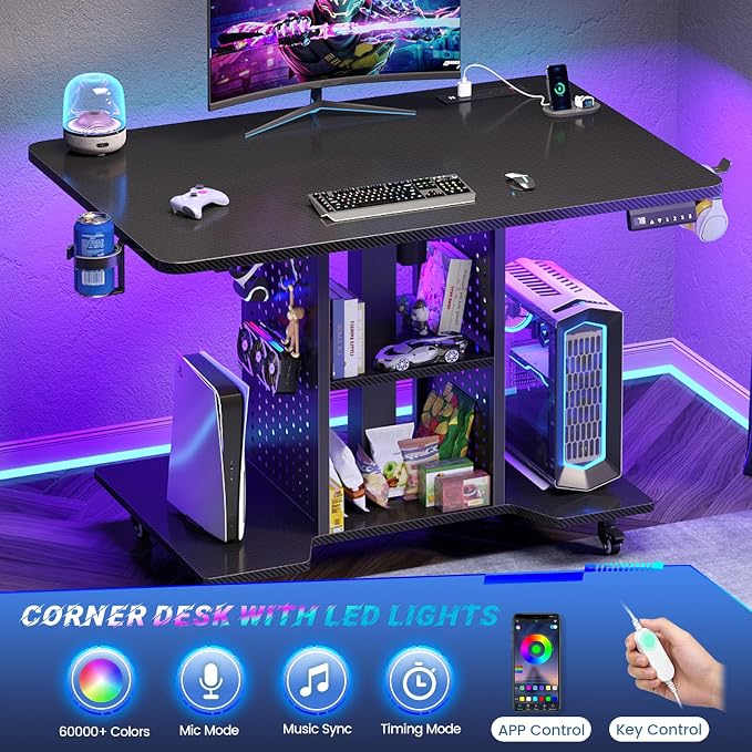 SEDETA Small Standing Gaming Desk, 31.5" Rolling Computer PC Desk Height Adjustable with Power Outlet, Pegboard & Storage Shelves, RGB LED Light, for Small Spaces/Bedroom/Gaming, Carbon Fiber Black - Image 5