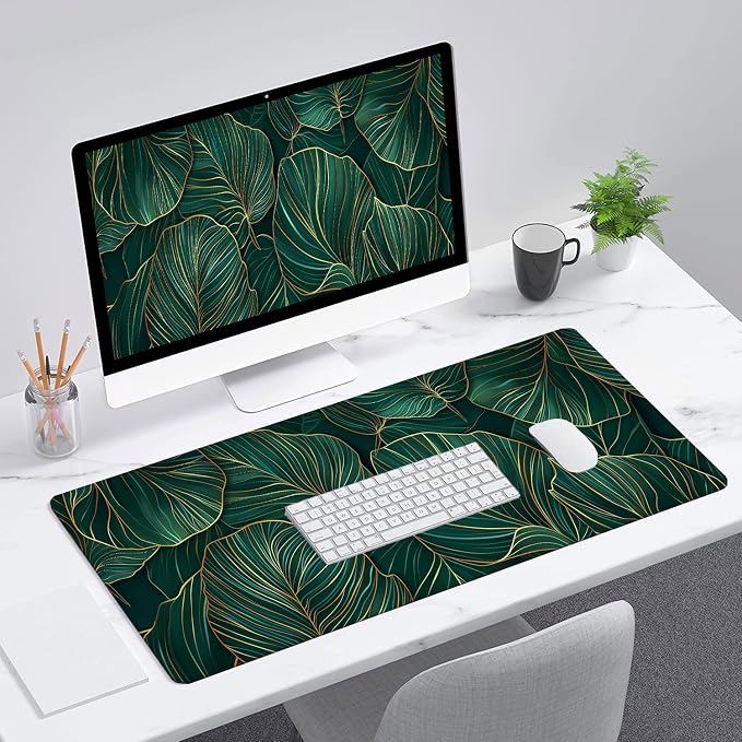 Green Leaves Desk Mat Gaming Mouse Pad Gold Tropical Palm Leaves Large Gaming Mouse Mat with Stitched Edges,Non-Slip Waterproof Rubber Base Mous Mat Office Computer Keyboard Laptop Home 31.5"x11.8" - Image 3