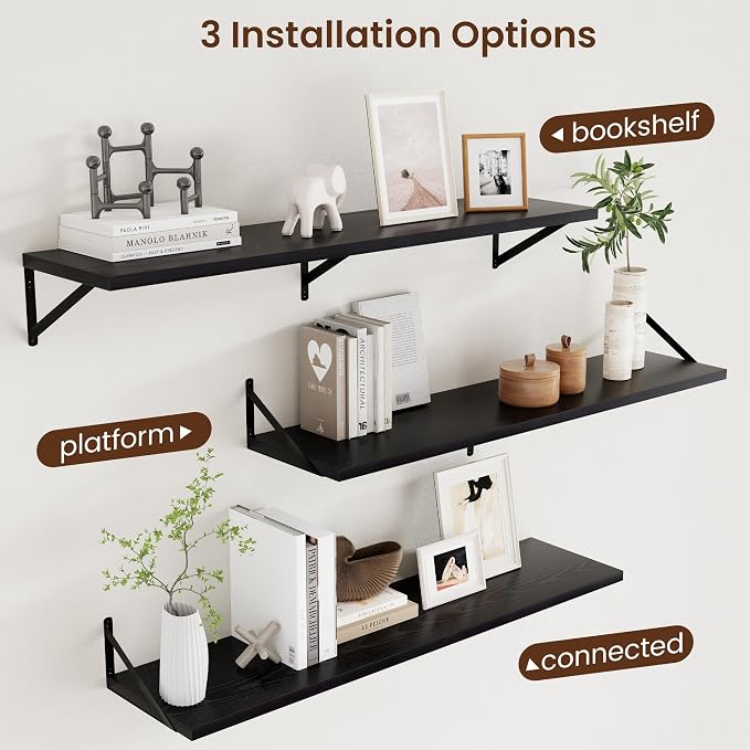 Axeman Floating Shelves for Wall Black- 48 Inch Wide x 12 Inch Deep Wall Shelves Set of 2 - Black Deep Wood Floating Shelves for Living Room Bedroom Laundry Room - Image 3