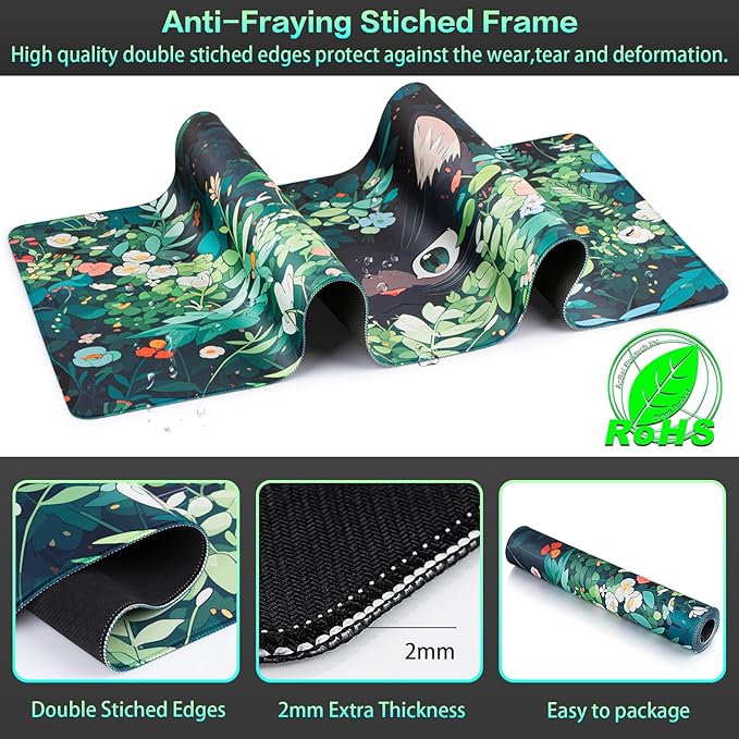 Canjoy Gaming Mouse Pad, 31.5x15.7in Anime Kawaii Large Mouse Pads for Desk | Cute Black Cats Desk Mat for Keyboard and Mouse Computer Big Full Size Desk Pad with Non-Slip Rubber Base and Stitched Edge - Image 6